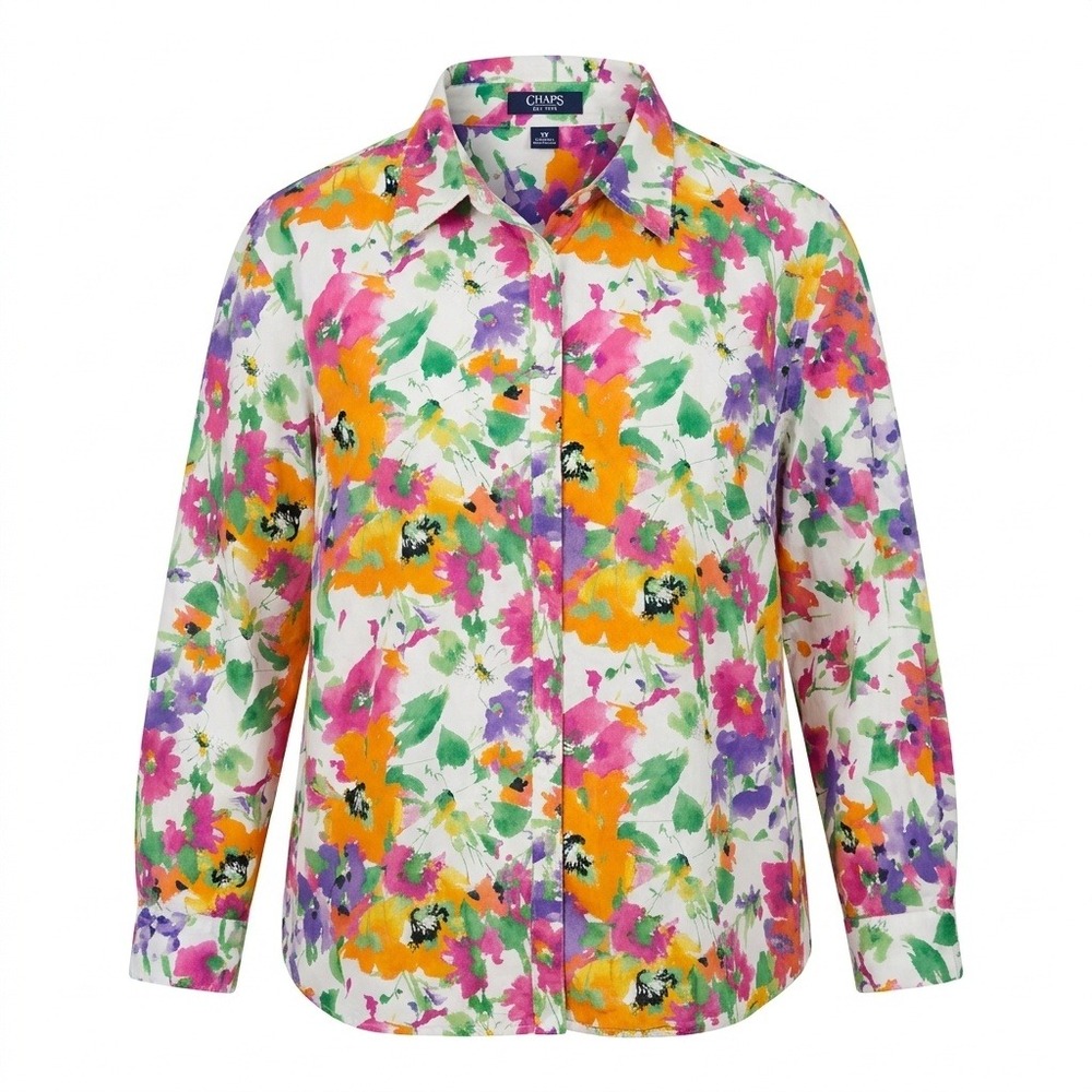 Chaps Women 3X Floral Button Down Shirt Cotton Watercolor Flower Print Colorful